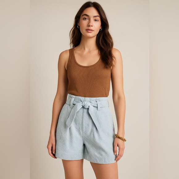 HAPPY NATURE Kate Hudson Light Denim Chevron High  Waist Shorts 4 - Picture 1 of 11